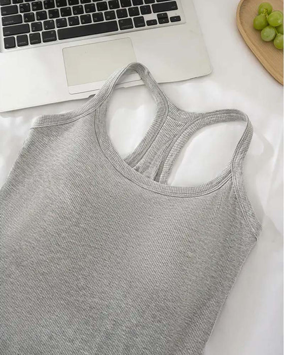 Tanktop Indbygget Bh Ribstrikket Ensfarvet