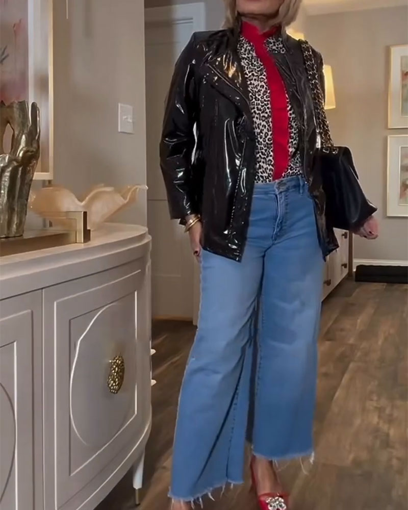 Bluse Rynket Leopardprint Farveblokeret