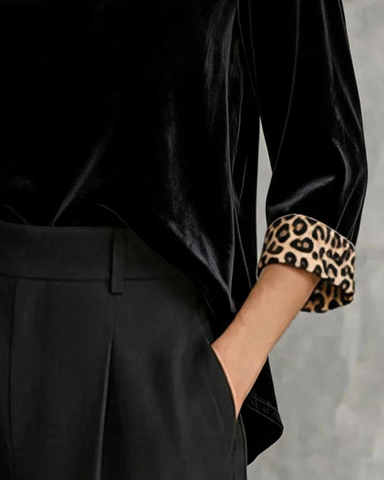 Top Leopardkant Mockhals Fløjl