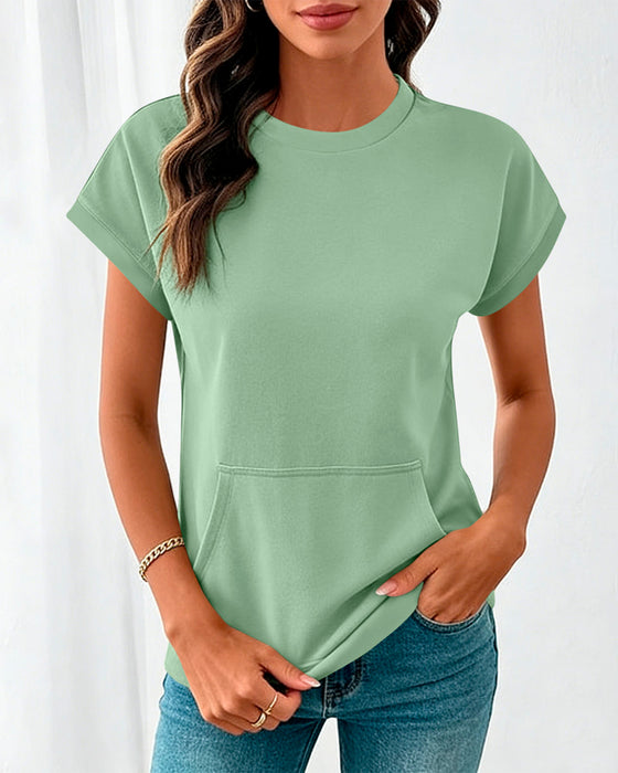 Bluse Forlomme Ensfarvet Rund Hals