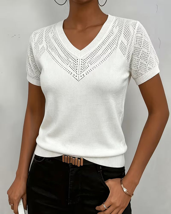 Pullovers Med V-Hals, Hulmønster, Ensfarvede, Figurtilpassede