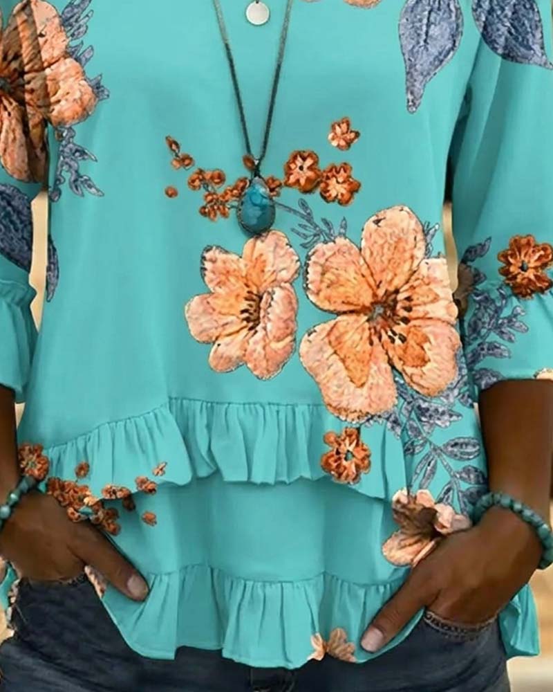 Bluse V-Udskæring Vintage Blomstret Loose Fit