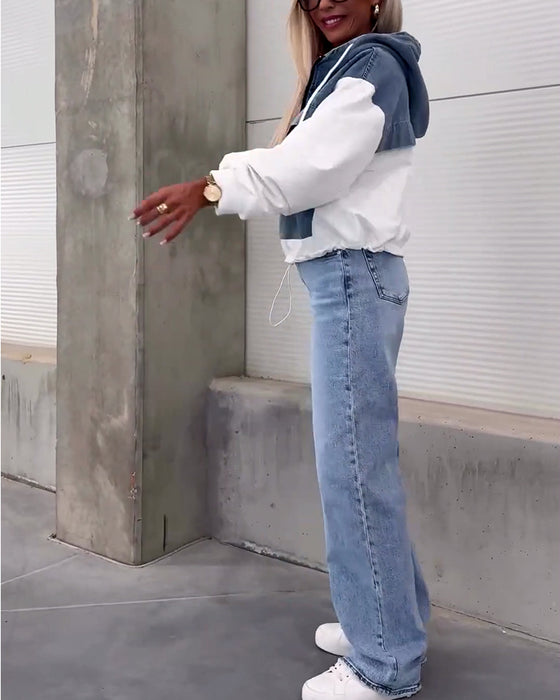 Patchwork denim hættetrøje med lynlås