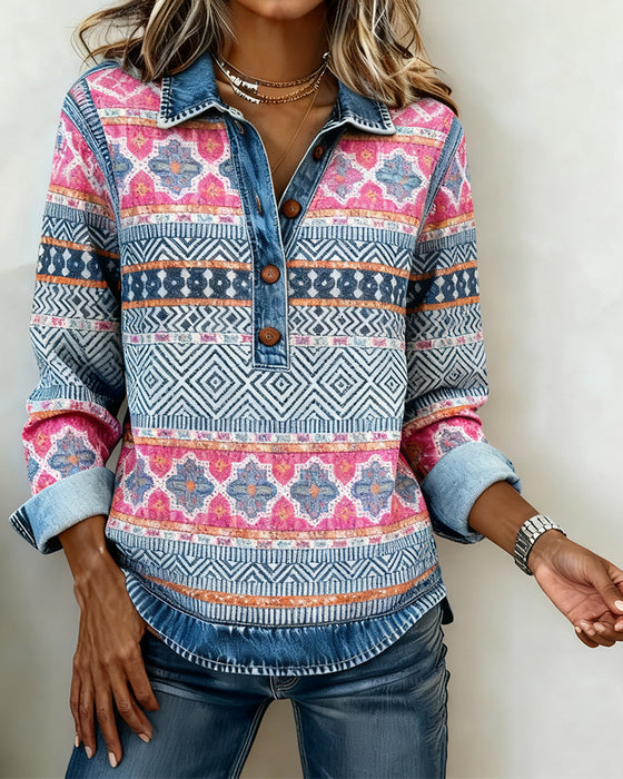 Farveblok-Sweatshirt Med Knapblokering