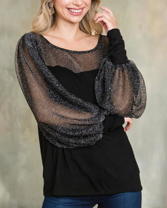 Bluse Sheer Pufærme Panel Afslappet