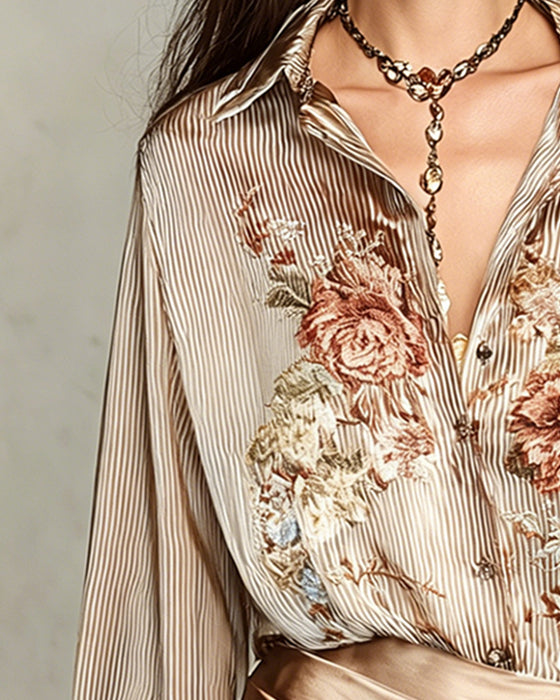 Bluse Revers Blomstret Stribe