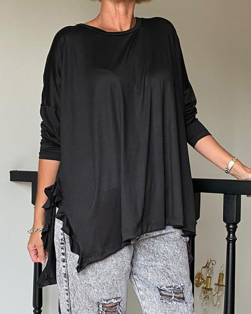 Ensfarvet plisseret bluse med rund hals