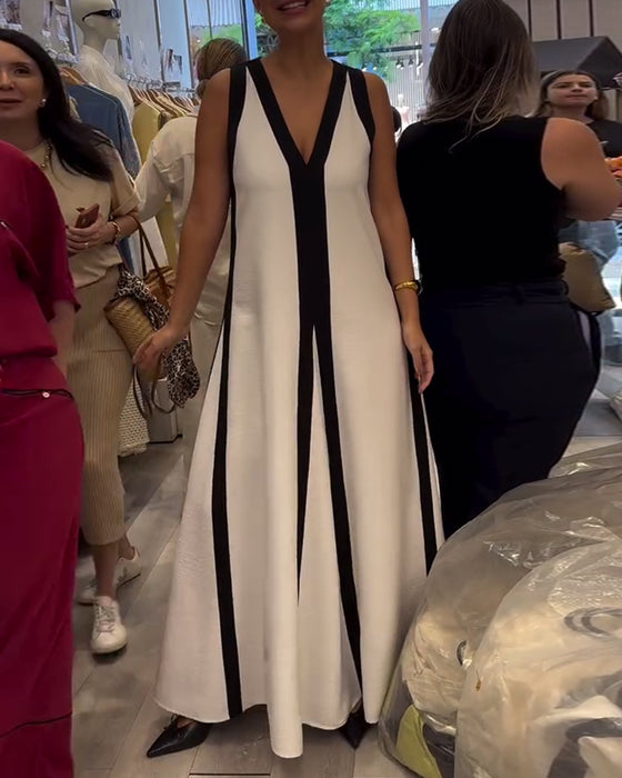 Kjole V-udskæring Ærmeløs Farveblok Løs