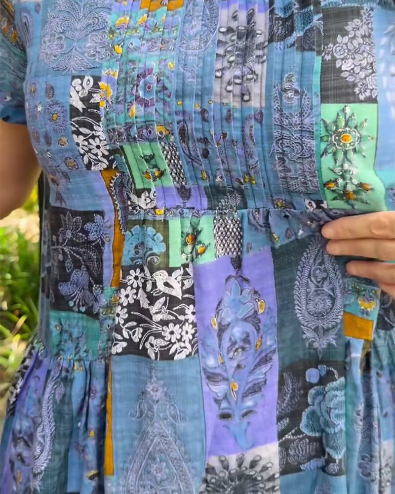 Kjole Rund Hals Plisseret Trykt A-Linje