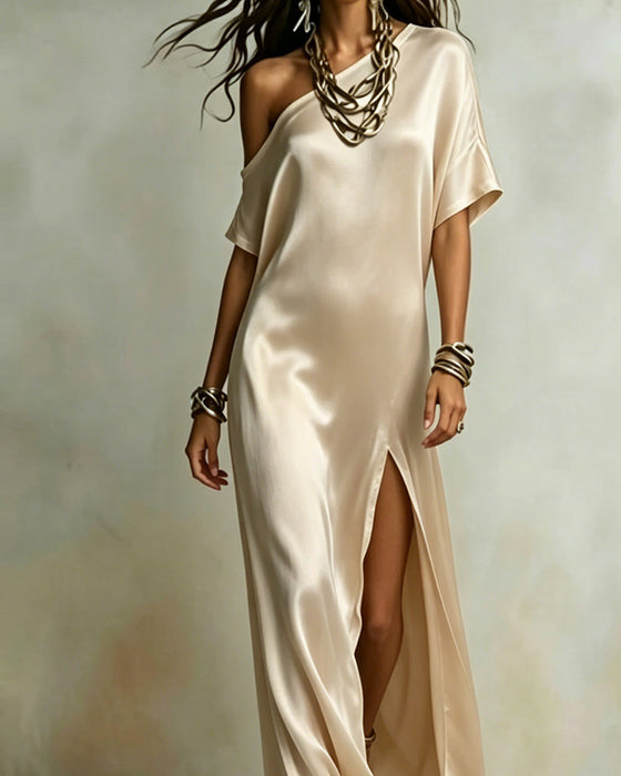 Kjole Satin Enskulder Slids Maxi