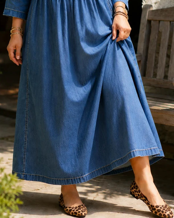 Kjole Rund Hals Plisseret Lang Ærme Denim