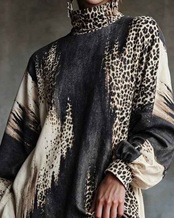 Kjole Turtleneck Leopard Farveblok
