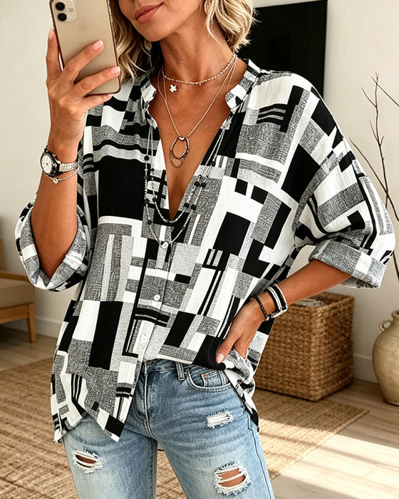Bluse Geometrisk Tryk V-Hals Afslappet