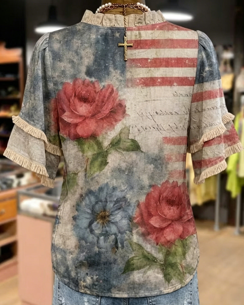 Blomstret Bluse Med Rufflekant