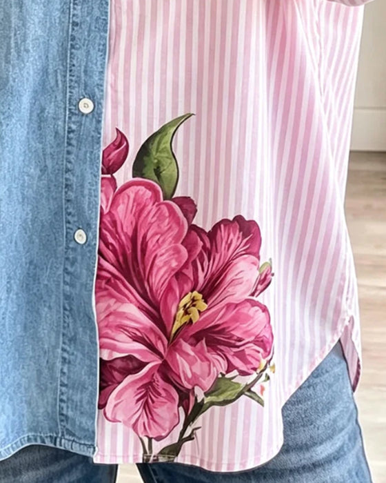 Skjorte Blomstret Stribe Denim Patchwork