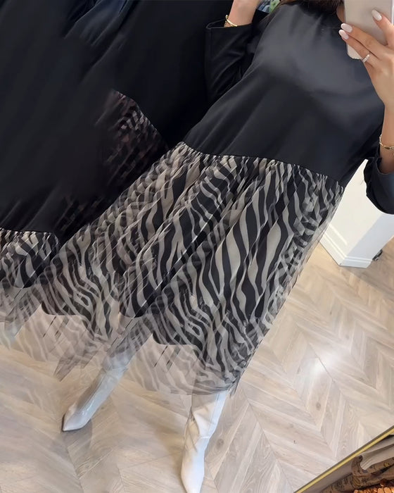 Kjole Rund Hals Patchwork Mesh Print