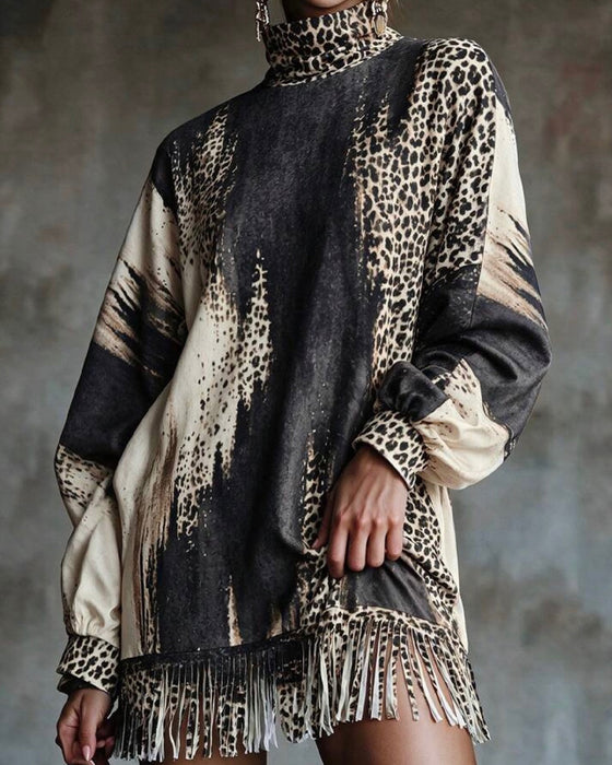 Kjole Turtleneck Leopard Farveblok