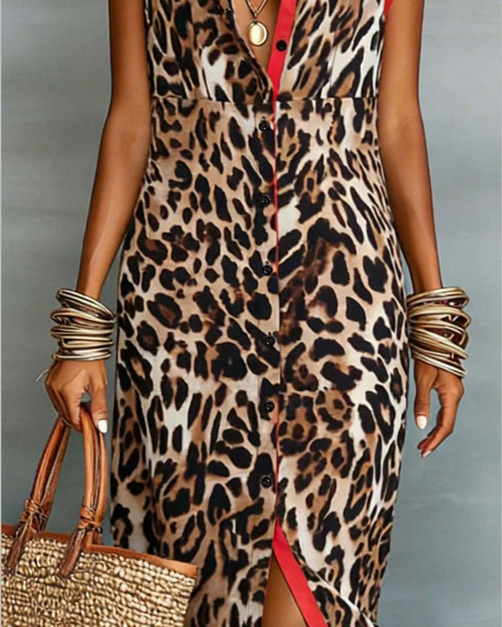 Kjole Slag Leopard Tryk Kontrast Maxi