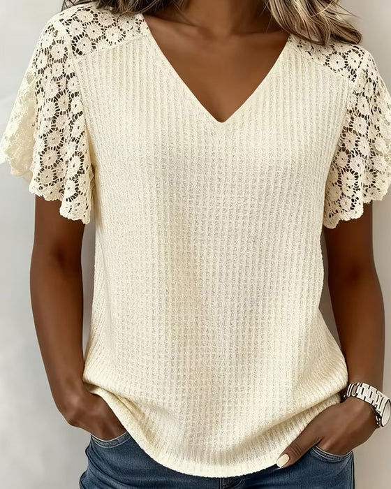 T-Shirt V-Hals Vaffel Blonde Patchwork Solid