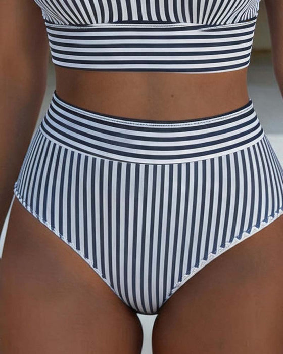 Bikini Lodret Stribe Høj Talje Sportslig