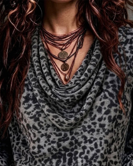 Bluse Mock Hals Leopard Lang Ærme