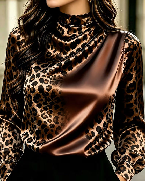 Bluse Mock Hals Leopard Kontrast Drapering