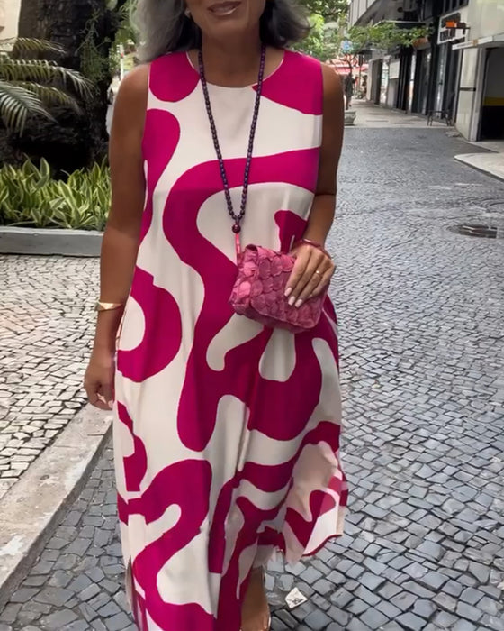 Rund Hals Ærmløs Kjole Med Geometrisk Tryk