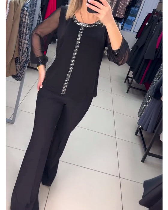 Bluse Pailletter Panel Langærmet