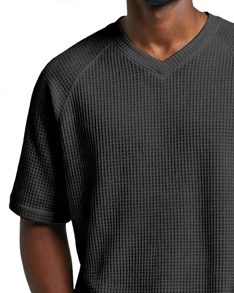 Herre V-Hals T-Shirt I Waffelstruktur, Afslappet Kortærmet Top I Ensfarvet