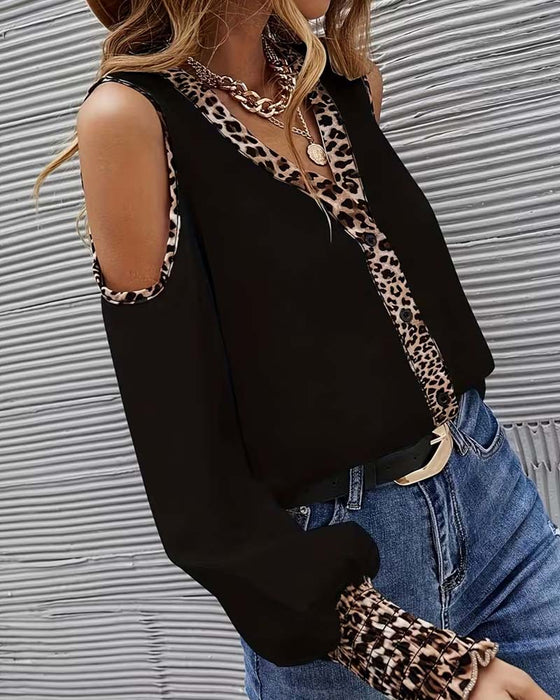 Bluse Off-Skulder Leopard Patchwork Lang Ærme