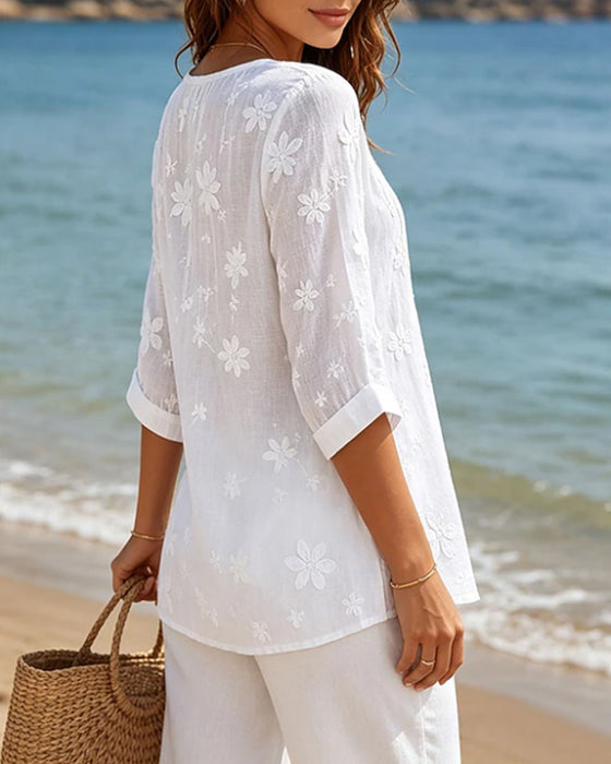 Bluse Knap Foran Rynket Blomstret Solid