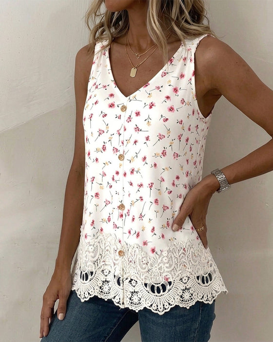Tank Top V-Hals Spagettibånd Blomstrende Blonder Patchwork