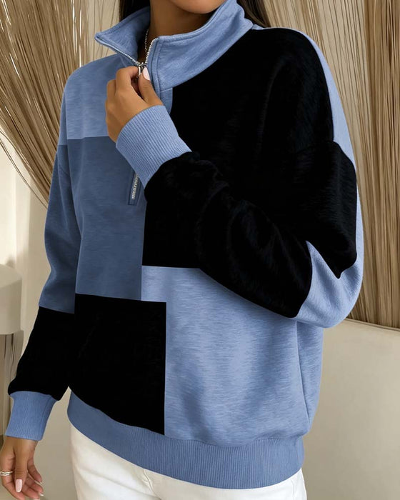 Sweatshirt Ternet Farveblok Lynlås Ståkrave