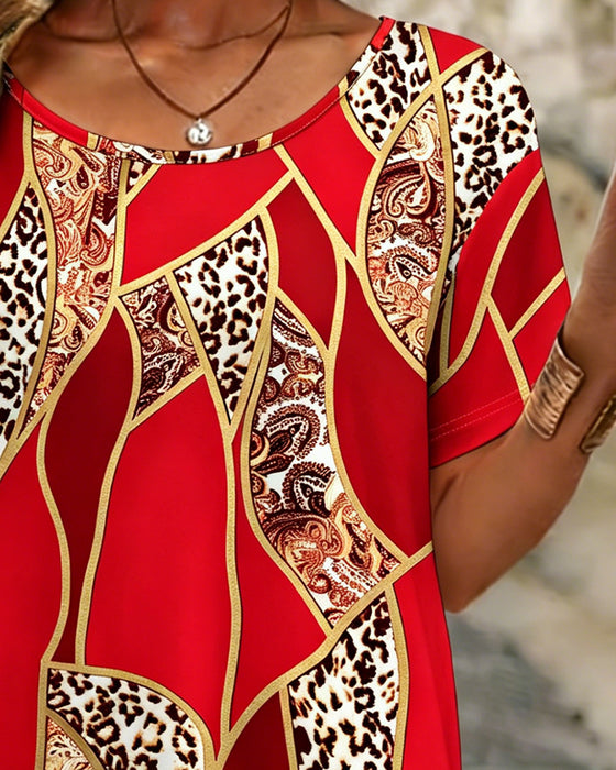 T-Shirt Uregelmæssig Geometrisk Leopard Tryk