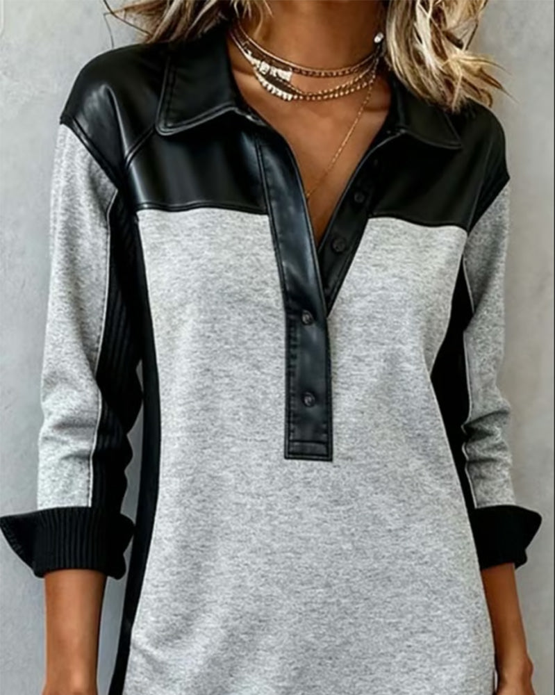 Langærmet Kjole Med Patchworkdetaljer Og Krave