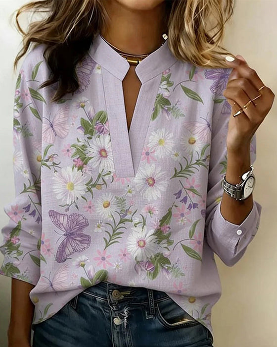 Bluse Marguerit Og Sommerfugletryk Langærmet