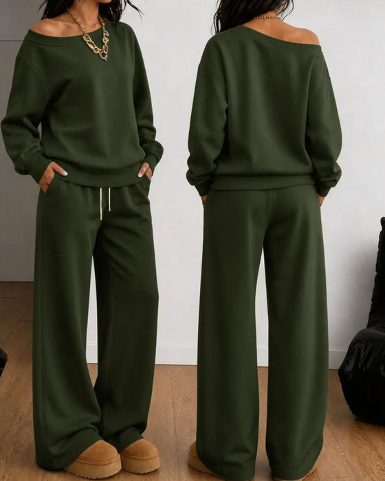 Sæt En Skulder Casual Sweatshirt Lange Bukser
