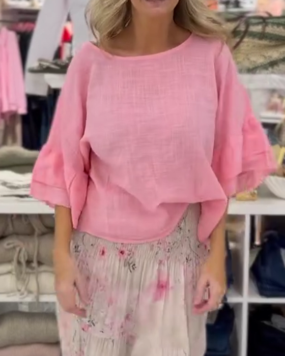 Bluse Loose Fit Rundhals Rynkeærme