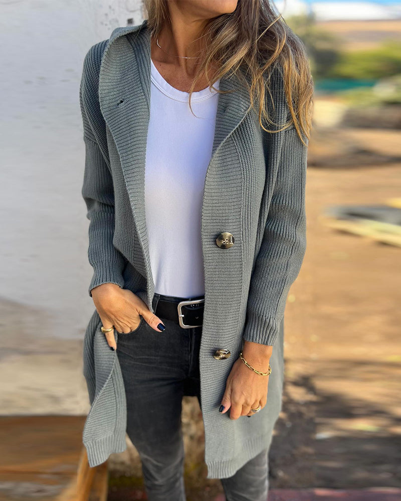 Casual ensfarvet cardigan med hætte og lommer