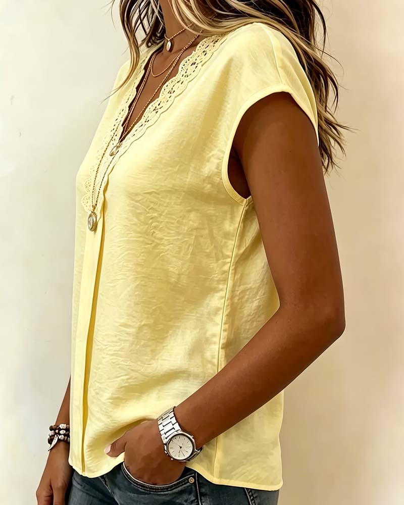 Bluse V-Hals Blonder Patchwork Casual