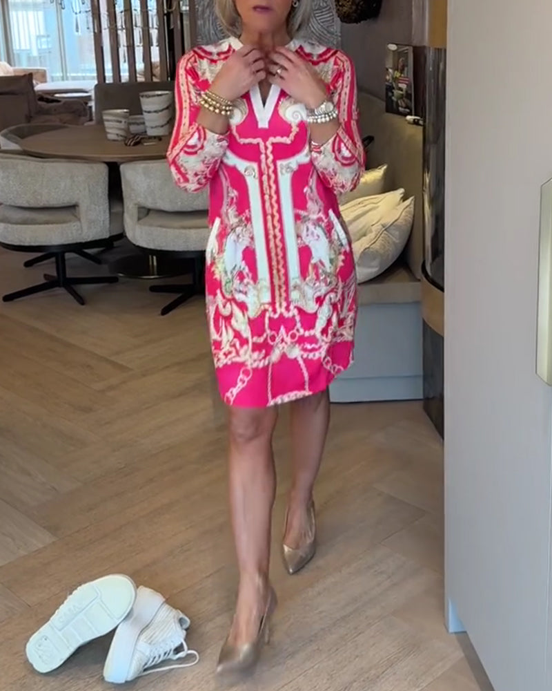 Kjole V-Hals Trekvart Ærme Trykt Lige