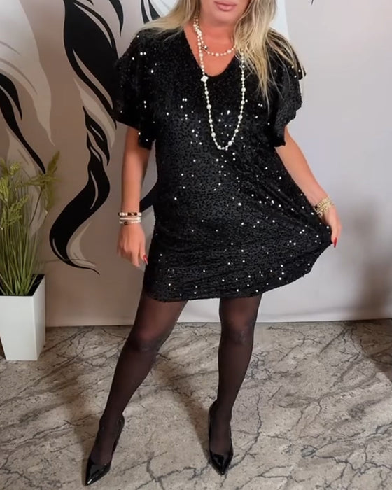 Kjole V-Hals Rufle Ærme Fløjl Glimmer