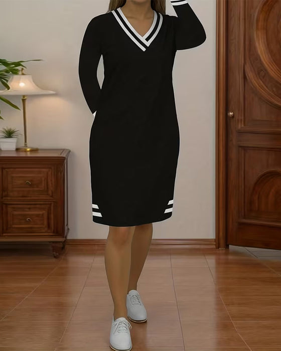 Kjole Farveblok Stribet V-Hals