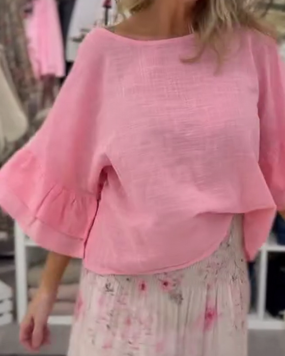Bluse Loose Fit Rundhals Rynkeærme