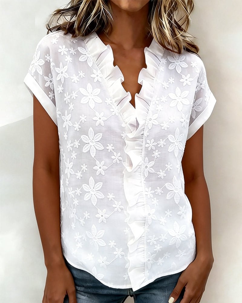 Bluse Korte Ærmer Rynke V-Udskæring