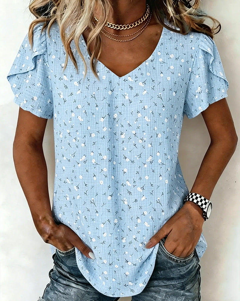 T-Shirt V-Hals Blomstrende Kort Ærme