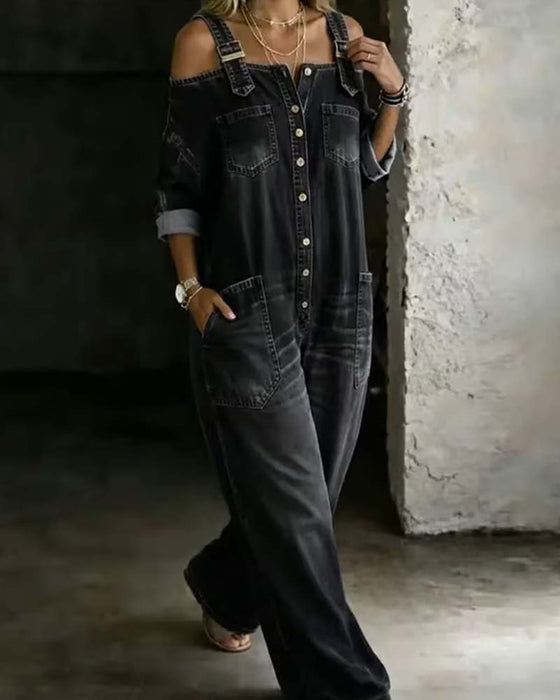 Jumpsuit Spagettibånd Kold Skulder Bred Ben Denim