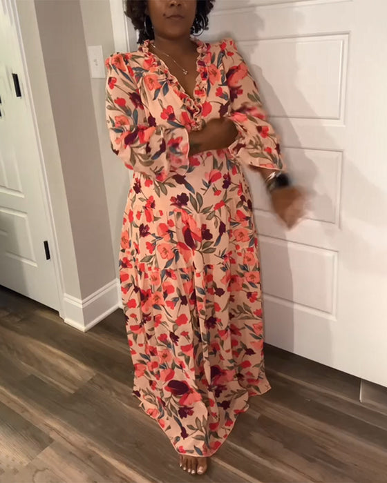 Kjole V-Hals Lange Ærmer Blomster