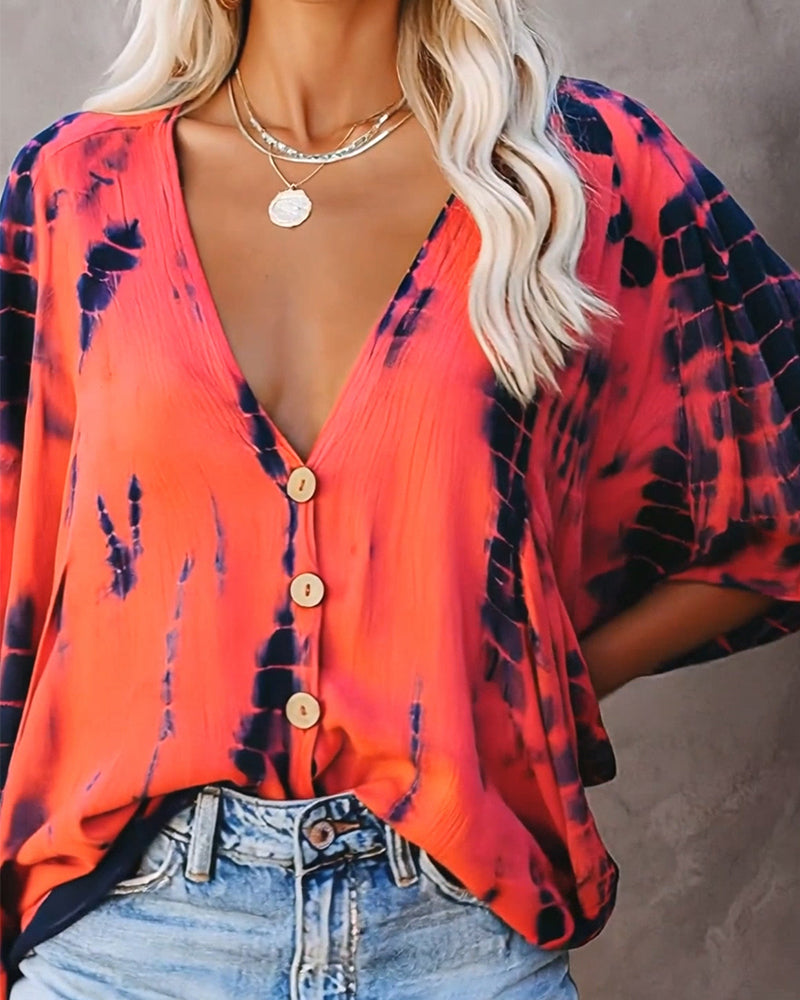 Bluse V-Hals Tie-Dye Casual