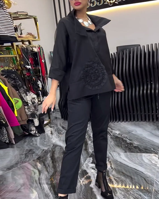 Blomsterbluse med lapel og blondepanel